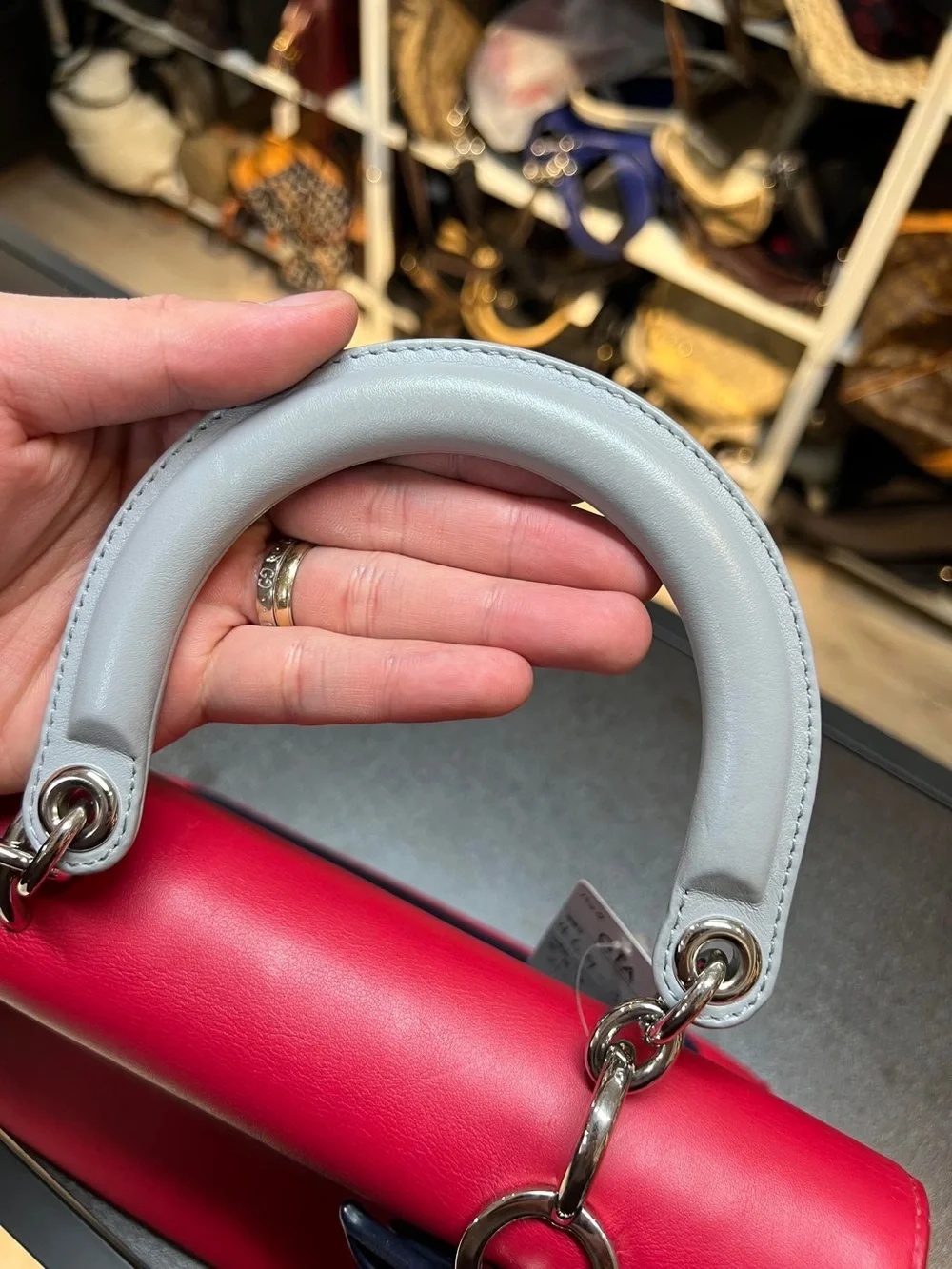 Dior Red Satchel with White Top Handle and Navy Charm